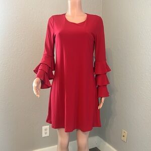 CeCe RED RUFFLE LONG BELL SLEEVE ELEGANT FLARE DRESS SMALL MSRP $109 NWT #94